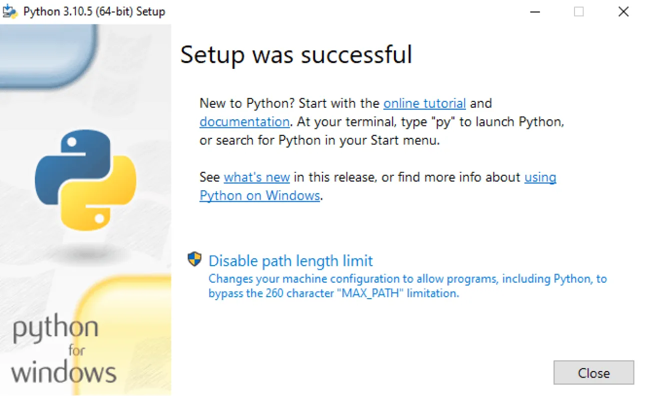 Python3インストール完了画面【Windows画面】