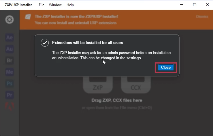 ZXP/UXP Installer初回起動時のメッセージ【Windows】