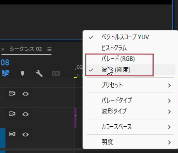 Lumetriスコープパネルからパレード(RGB)と波形(輝度)を非表示にする【Windows】