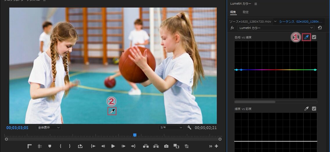 Lumetriカラーパネル　色相/輝度カーブ 対象のエリアのをスポイトツールで選択【Windows】