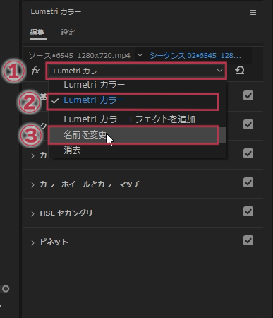 Lumetri カラーエフェクトの名前の変更【Windows】